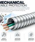 Heavy Duty Encased Galvanized Steel Flexible Electrical Conduit Three Eighth Inch Size Of 100 Feet with three wires exposed