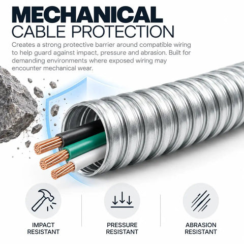 Heavy Duty Encased Galvanized Steel Flexible Electrical Conduit Three Eighth Inch Size Of 100 Feet with three wires exposed