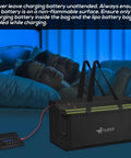 Heavy Duty Fireproof Lithium Battery Safe For 200 Ah E Bike Packs With Rock Solid Heat Shield and Waterproof Cover charging at night.