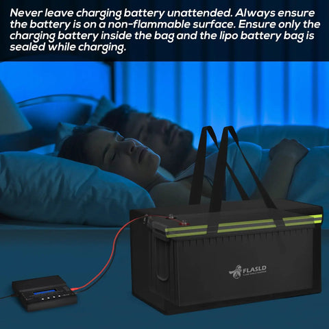 Heavy Duty Fireproof Lithium Battery Safe For 200 Ah E Bike Packs With Rock Solid Heat Shield and Waterproof Cover charging at night.