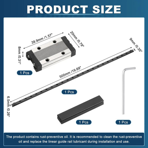 MGN9 500mm Linear Sliding Rail Guide With MGN9H Carriage Block, dimensions and components shown for CNC and 3D printer use.