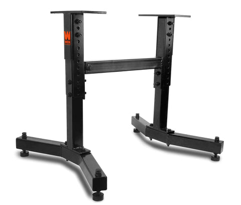 Beefy Heavy Duty Steel Lathe Stand For Benchtop Wood Lathes, 225 Pound Capacity, adjustable height and length, front view