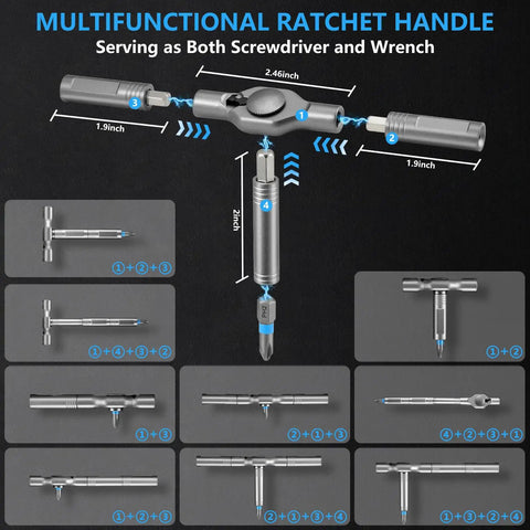 50 In 1 Ratchet Screwdriver Set With Magnetic Bits shown with multifunctional handle configurations