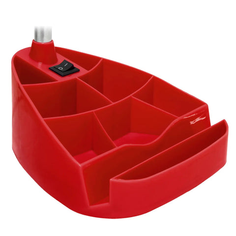 Red base of Pink Gooseneck Desk Lamp With Tablet Stand And Book Holder showing 8 compartments and easy rocker switch