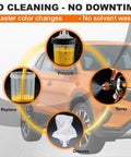 Top Shelf Hvp Spray Gun Kit Featuring Heavy Duty Aluminum And Disposable Cups With Multiple Precision Nozzles For Smoother Auto Paint Finishes That Truly Hit Different process infographic with spray gun, disposable cups, and color change details.