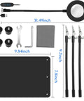 Helping Hands Soldering Station With 3X Magnifying Glass And Light, tools and components with dimensions shown on white background