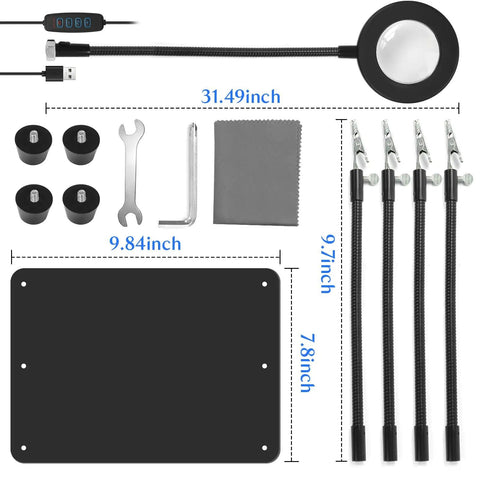 Helping Hands Soldering Station With 3X Magnifying Glass And Light, tools and components with dimensions shown on white background