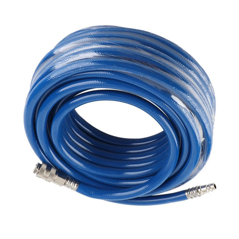 50 Ft PVC Air Hose With Quick Connect Coupler For Air Compressor Heavy Duty Wear Resistant Blue Kink Resistant Hose rolled on a spool.