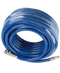 Rock Solid Heavy Duty 15 Meter Reinforce PVC Air Hose With Euro Quick Connect Coupler coiled, showcasing durable blue material for pneumatic tools.