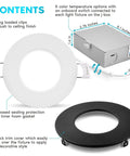 3 Inch Ultra Thin LED Recessed Light With J Box 8W Dimmable Wafer 5 Color Temperature Options 540 Lumens Black Trim hardware