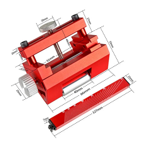 Shop Ready Fixed Angle Sharpening Jig With Built Tough Rigid Metal Frame And Knurled Tightening Knob For Precision Edge Honing On Professional Woodworking Hand Tools. Red metal clamp with measurements for accurate sharpening.