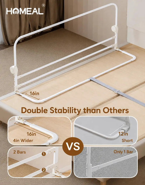 Toddler Bed Rail 59 Inch Extra Long Swing Down Guard with stable double bars and wide U-base in white finish.