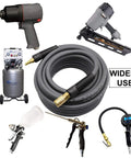 Beefy Hybrid Air Hose 3/8-Inch By 100-Feet 300 PSI with quick coupler fittings surrounded by pneumatic tools and compressor.
