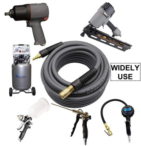 Beefy Hybrid Air Hose 3/8-Inch By 100-Feet 300 PSI with quick coupler fittings surrounded by pneumatic tools and compressor.