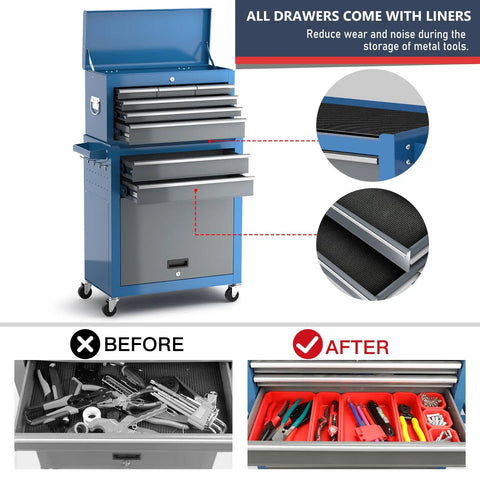 8 Drawer Rolling Tool Chest 42 Inch Heavy Duty Metal Cabinet On Wheels With Detachable Top Box Garage Workshop Storage For Repair Room And Warehouse Includes Hooks Liners Tray Divider And 550 Lb Load Capacity, blue steel drawers with liners