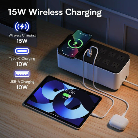 Beefy 600VA LiFePO4 UPS Battery Backup with 6 outlets, 2 USB ports, 76.8Wh power supply, wireless and USB charging, on desk setup.