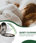 Elongated Toilet Seat Resin for Bathroom with quiet close feature, shown on a white toilet next to a bed.
