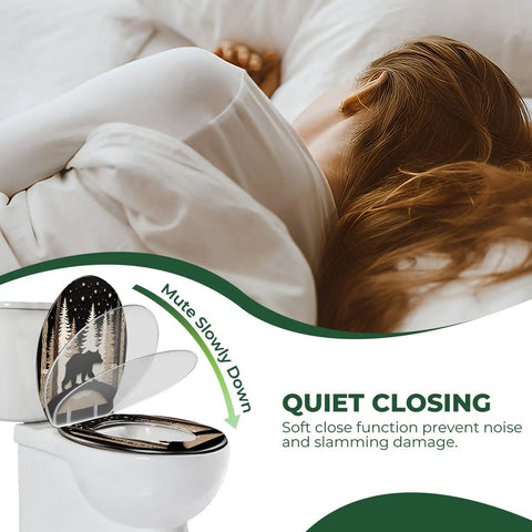 Elongated Toilet Seat Resin for Bathroom with quiet close feature, shown on a white toilet next to a bed.