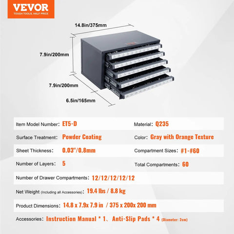 Five Drawer Drill Bit Dispenser Cabinet With Sixty Compartments For Jobber Length Bits 1 To 60 Clear Labeled Organizer For Quick Access And Neat Workshop Black Drill Bit Storage Cabinet dimensions and specifications.