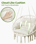 Macrame Hammock Chair With Super Comfy Cloud Cushion, Boho Hanging Swing for Indoor Outdoor Relaxation, Beige detail