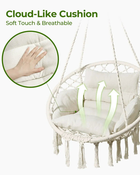 Macrame Hammock Chair With Super Comfy Cloud Cushion, Boho Hanging Swing for Indoor Outdoor Relaxation, Beige detail