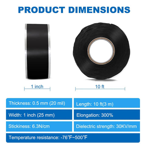 Self-Fusing Silicone Tape 1in x 10ft No Mess No Glue Needed Heavy Duty Leak Proof Sealing Tape dimensions and specifications