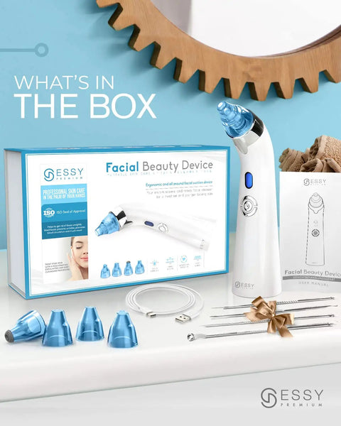 Blue Blackhead Remover Facial Cleanser Vacuum With Five Suction Levels and probes displayed with box and accessories