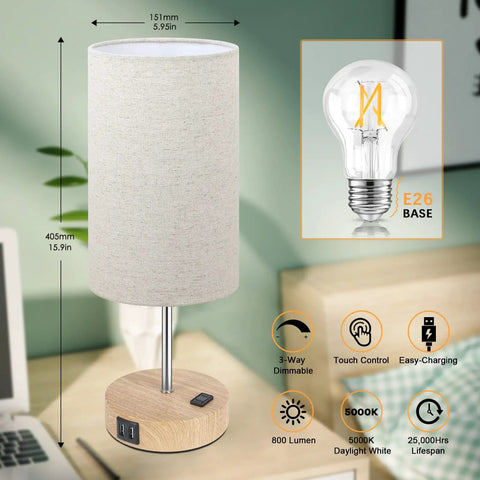 Set Of 2 Bedside Lamps With USB Ports And AC Outlet Touch Control 3 Way Dimmable Wooden Base Nightstand Lamps With Beige Fabric Shade