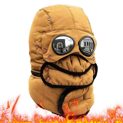 Winter Hat With Thermal Barrier And Fleece Lining, Insulated Bonnet With Detachable Eye Shield, Bold Yellow on white