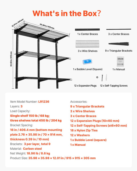 Sturdy 3 Tier Wall Garage Shelving Unit For Heavy Duty Storage, 1x3 Ft Steel Wall Mounted Shelves With 11x36 Inch Per Shelf And 450 Lbs Total Capacity, Black Durable Floating Metal Rack For Tools Bins And Garage Organization. Parts and dimensions shown