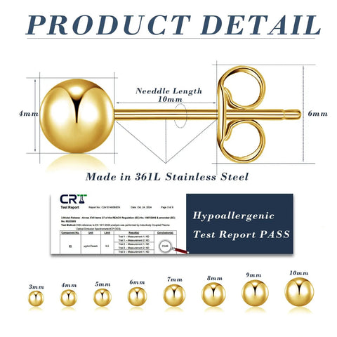 Four Pairs Gold Stud Earrings For Women Set, 14K Gold Plated Ball Studs In Stainless Steel, Classic And Modern Styles, Hypoallergenic Everyday Bling Jewelry, Lightweight Shine For Any Outfit. 4mm gold ball stud, 10mm needle, 361L steel