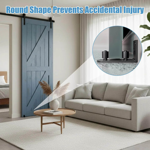Living room with blue sliding barn door, showcasing Rock Solid Barn Door Floor Guide 2 Pack with Adjustable Stay Rollers installed.