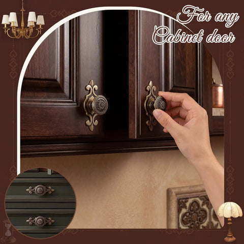 Hand touching Antique Brass Cabinet Knobs 10 Pack With Backplates on dark wood cabinet doors