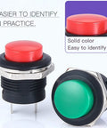 Close-up of red and green round 16mm momentary push button switches, 2-pin, part of 24Pcs 16Mm Momentary Push Button Switches 2 Pin Self Resetting Round On Off Assorted Red Green Yellow Blue White Black 3A 250V AC Mini Button Switch Kit
