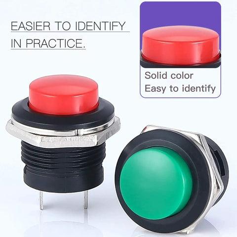 Close-up of red and green round 16mm momentary push button switches, 2-pin, part of 24Pcs 16Mm Momentary Push Button Switches 2 Pin Self Resetting Round On Off Assorted Red Green Yellow Blue White Black 3A 250V AC Mini Button Switch Kit