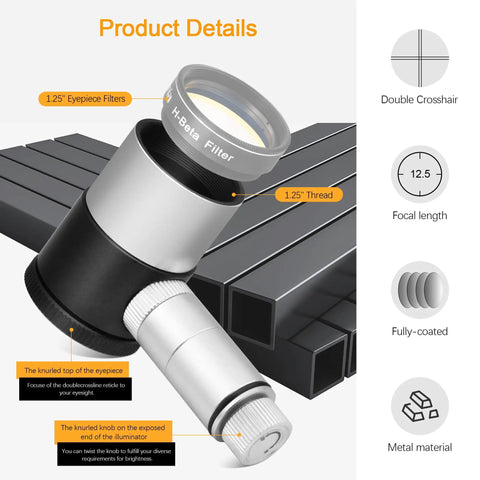 Product details of Twelve Point Five Millimeter Illuminated Reticle Plossl Eyepiece with adjustable focus and LED illumination.