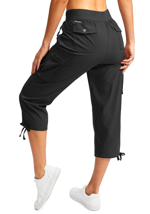 Back view of Women's Six Pocket Cargo Capris For Travel And Hiking, Lightweight Quick Dry Pants With Moisture Wicking Fabric, Black XL