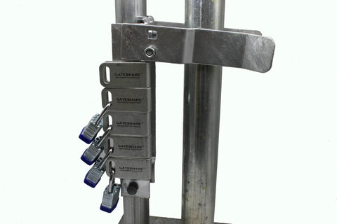 Heavy Duty Multi Lock Gate Latch For Chain Link Fences Secures Up To Five Padlocks With Real Deal Lockout Security visible.