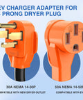 Heavy Duty EV Charge Adapter 30 To 50 Amp 10 Gauge NEMA 14 30P To 14 50R Converter with orange 4 prong dryer plug design.
