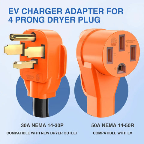 Heavy Duty EV Charge Adapter 30 To 50 Amp 10 Gauge NEMA 14 30P To 14 50R Converter with orange 4 prong dryer plug design.