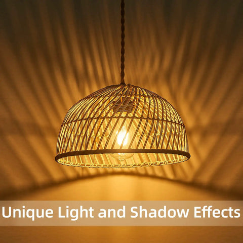 2 Pack Rattan Pendant Lights With Edison Bulbs Dope Boho Farmhouse Wicker Lampshades casting shadows on wall