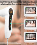 Pro Grade Skin Hair Analyzer With Dual Lens Precision Detection 50X Skin Lens And 200X Hair Follicle Mirror For Real Time Skin Condition Scalp Oil Buildup Hair Elasticity And Follicle Health At Home, white handheld device