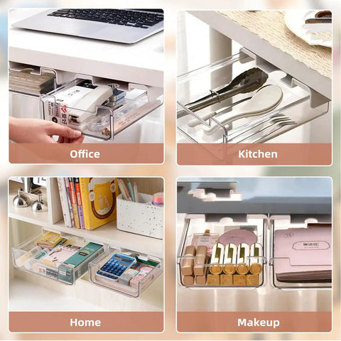 Two Pack Under Desk Storage Drawers With Smooth Slide Out Glides used in office, kitchen, home, and makeup organization.