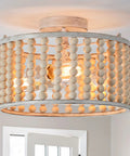 Wood Bead Chandelier Rustic Farmhouse Semi Flush Mount 3 Light Ceiling Fixture With E26 Base Oak Black Boho Bohemia Handmade Pendant