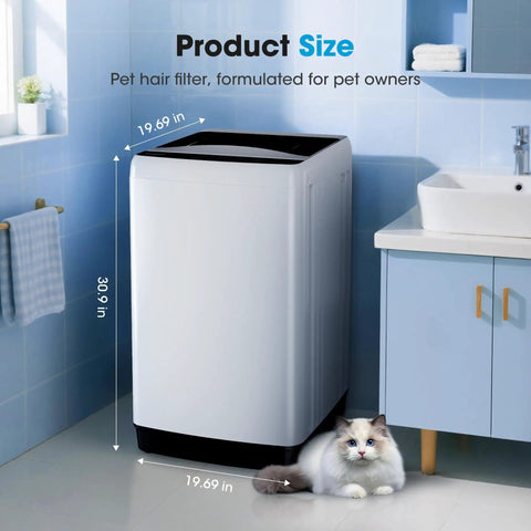 Hassle Free Portable Top Load Washing Machine With 15.7 Lbs Capacity and Fully Automatic Controls in bathroom setting.