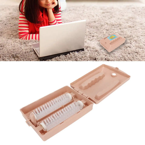 Dual Roller Carpet Sofa Sweeper With Double Action Floor Dust Collector snagging pet hair crumbs debris compact desktop brush on carpet.