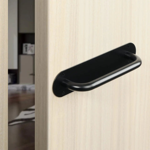 11 Inch Stainless Steel Gate Handle With Matte Black Finish installed on a light-colored door, LS8280-B