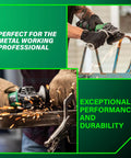 Cordless 4-1/2 Inch Paddle Switch Angle Grinder With A Beast 750W Brushless Motor, 8000 RPM, shown grinding metal
