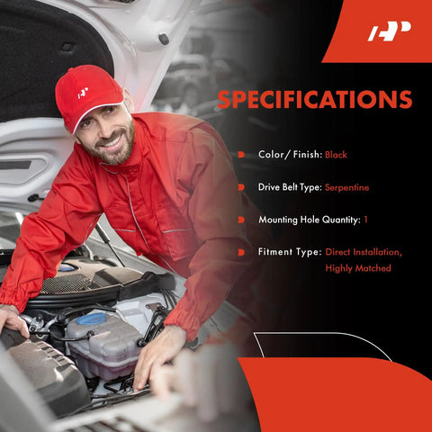 Mechanic inspecting engine bay with specifications overlay for Engine Harmonic Balancer Crankshaft Pulley Compatible With 2012-2019 Jeep Grand Cherokee.