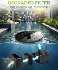 Solar Fountain Kit For Bird Bath And Ponds With 1.4W Pump, 7 Nozzles, And 4 Fixed Pipes shown in a pool with upgraded filter components